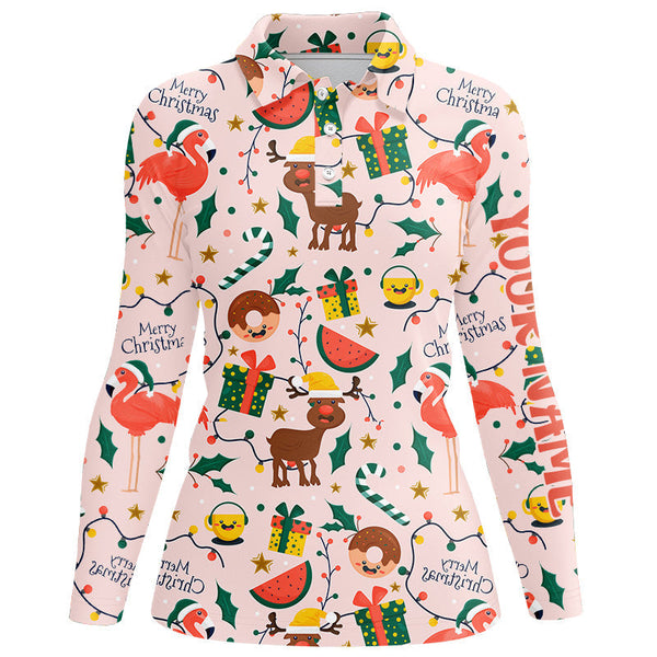 Funny pink Christmas pattern custom Women golf polo shirts, unique Christmas golf gifts for team NQS8676