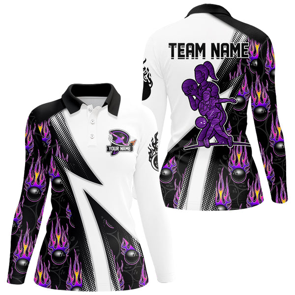 Custom Purple Flame Bowling Black Camo Shirts For Women, Personalized Bowling Team Jerseys NQS8896