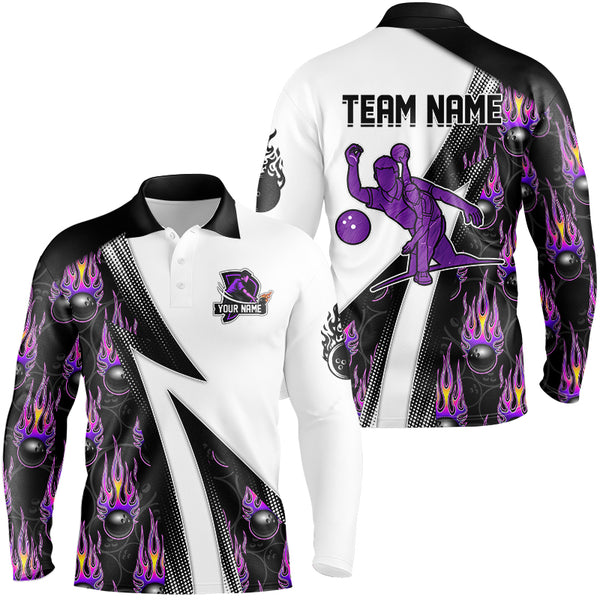 Custom Purple Flame Bowling Black Camo Shirts For Men, Personalized Bowling Team Jerseys NQS8896