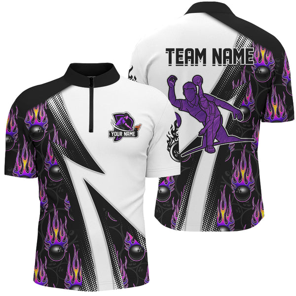 Custom Purple Flame Bowling Black Camo Shirts For Men, Personalized Bowling Team Jerseys NQS8896