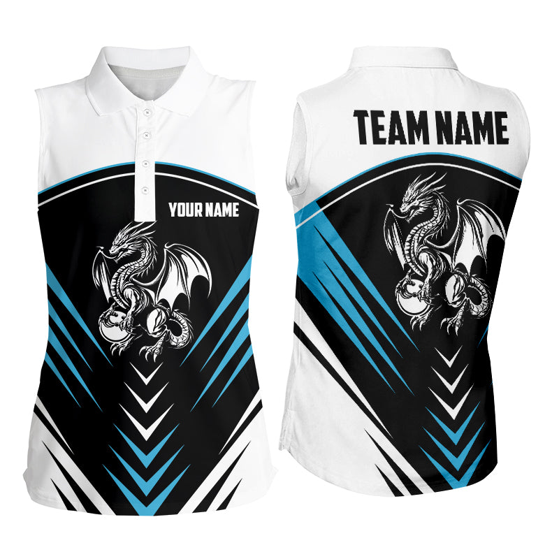 Black and White Dragon Bowling Sleeveless Polo Shirt For Women Personalized Bowling Team Jersey | Blue NQS8905