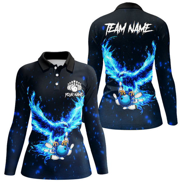 Blue Flame Eagle Custom Bowling Polo, Quarter Zip Shirt For Women Personalized Bowling Team Jerseys NQS8906
