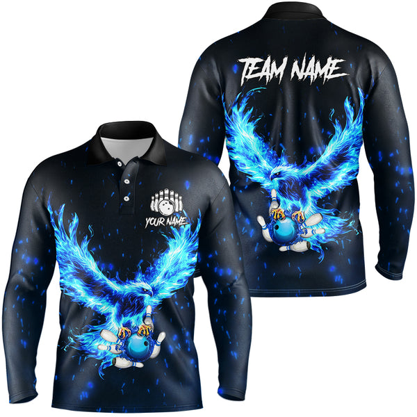 Blue Flame Eagle Custom Bowling Polo, Quarter Zip Shirt For Men Personalized Bowling Team Jerseys NQS8906