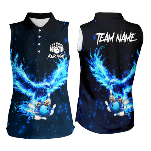 Blue Flame Eagle Custom Bowling Sleeveless Polo Shirt For Women Personalized Bowling Team Jerseys NQS8906