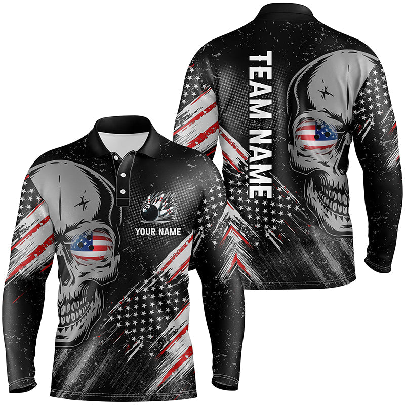 Black American flag retro bowling league jerseys custom skull Men Bowling Polo Shirt, gifts for bowler NQS7158