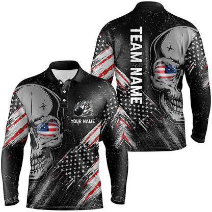 Black American flag retro bowling league jerseys custom skull Men Bowling Polo Shirt, gifts for bowler NQS7158