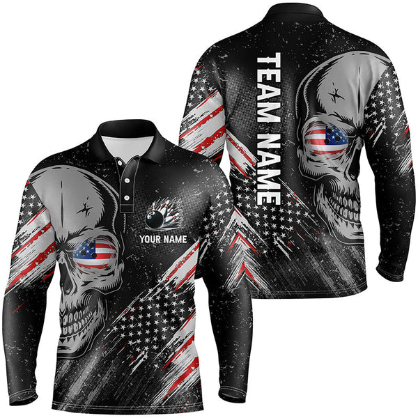 Black American flag retro bowling league jerseys custom skull Men Bowling Polo Shirt, gifts for bowler NQS7158