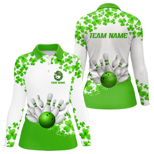 Green and White Shamrock pattern Bowling Shirts For Women Custom St Patrick Day Bowling Team Jerseys NQS9496