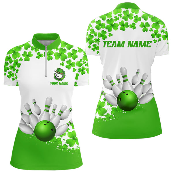 Green and White Shamrock pattern Bowling Shirts For Women Custom St Patrick Day Bowling Team Jerseys NQS9496