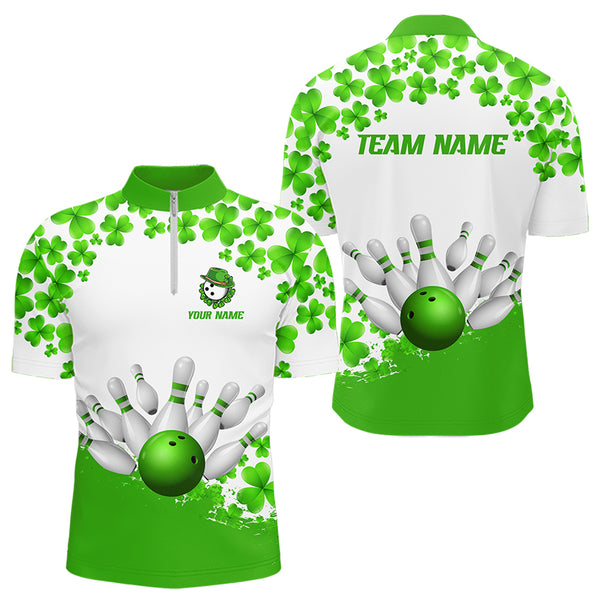 Green and White Shamrock pattern Bowling Shirts For Men Custom St Patrick Day Bowling Team Jerseys NQS9496
