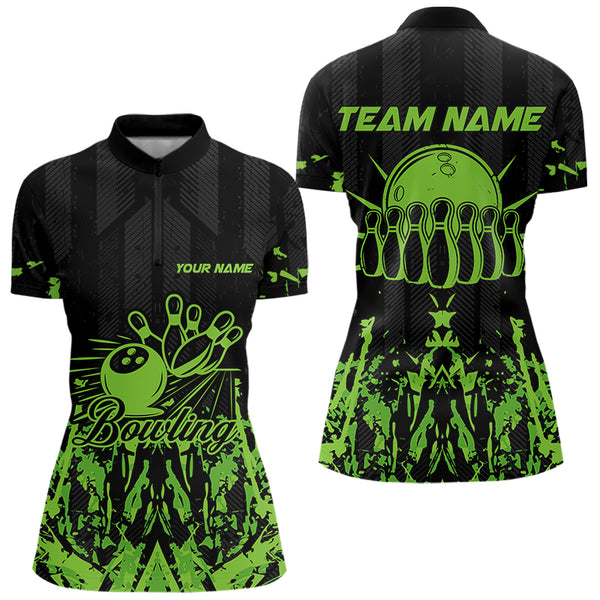Black and Green Camo Bowling Team Shirts For Women Custom Bowling Uniform Polo, Quarter Zip Shirts NQS9665