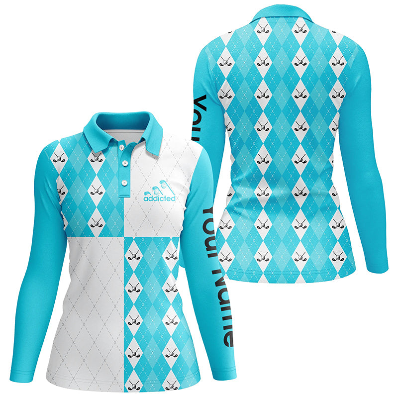 Golf addicted Womens golf polo shirts custom Cyan blue and white golf ball clubs argyle plaid pattern NQS7447