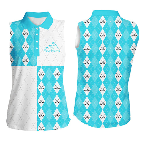 Golf addicted Womens sleeveless polo shirt custom Cyan blue and white golf ball argyle plaid pattern NQS7447