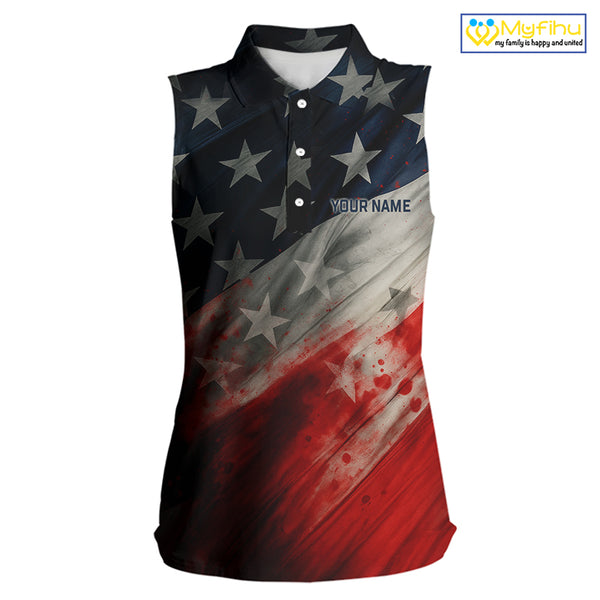 Personalized sleeveless golf polos shirts American flag 4th July custom patriotic ladies golf wears NQS9945