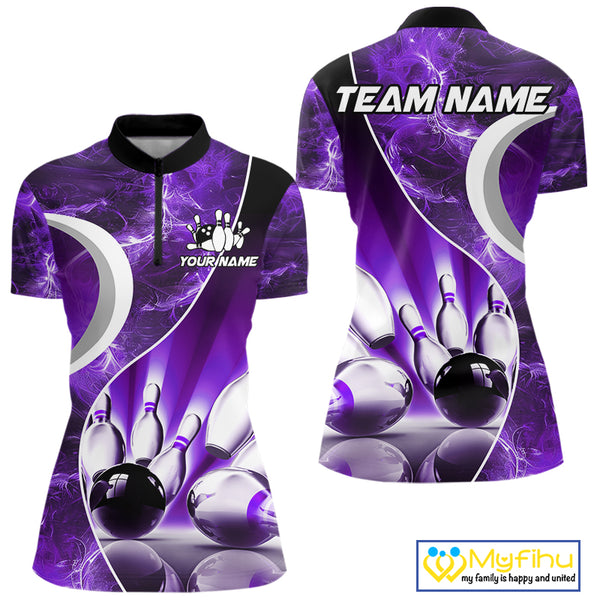 Purple Light pattern Bowling Polo, Quarter Zip shirts for Women Custom Bowling Team League Jerseys NQS9948