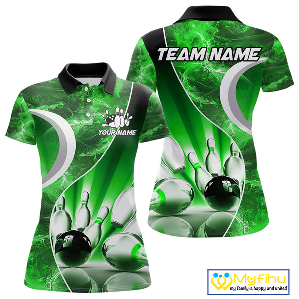 Green Light pattern Bowling Polo, Quarter Zip shirts for Women Custom Bowling Team League Jerseys NQS9949