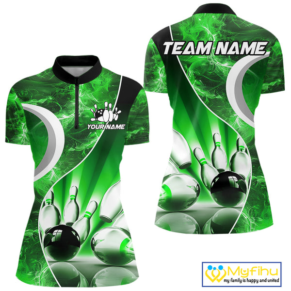 Green Light pattern Bowling Polo, Quarter Zip shirts for Women Custom Bowling Team League Jerseys NQS9949