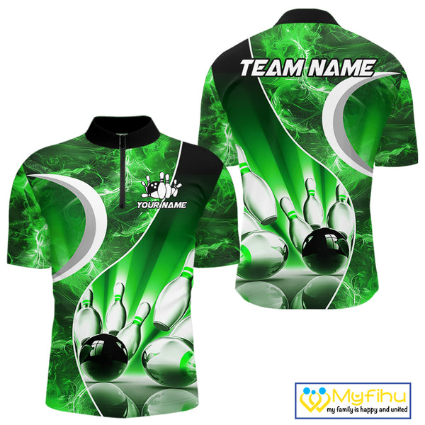 Green Light pattern Bowling Polo, Quarter Zip shirts for men Custom Bowling Team League Jerseys NQS9949
