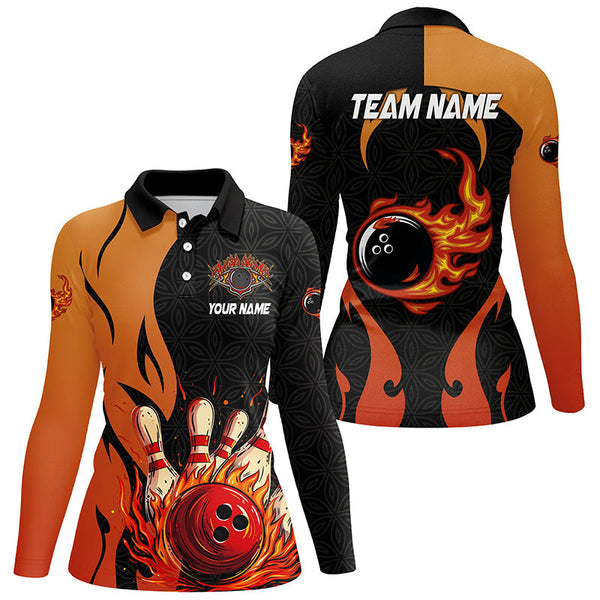 Black and Orange Flame Bowling Polo, Quarter Zip shirts for women custom team bowling jersey bowl gift NQS7799
