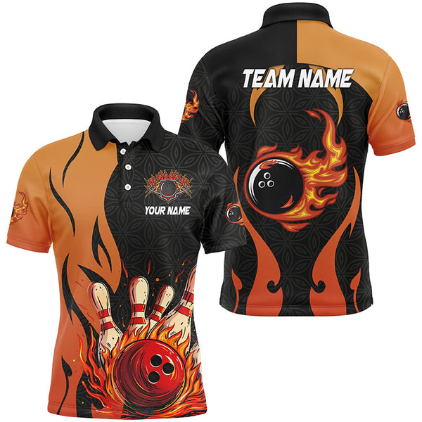 Black and Orange Flame Bowling Polo, Quarter Zip shirts for men custom team bowling jerseys bowl gifts NQS7799