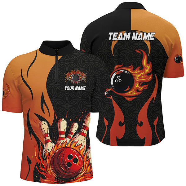 Black and Orange Flame Bowling Polo, Quarter Zip shirts for men custom team bowling jerseys bowl gifts NQS7799