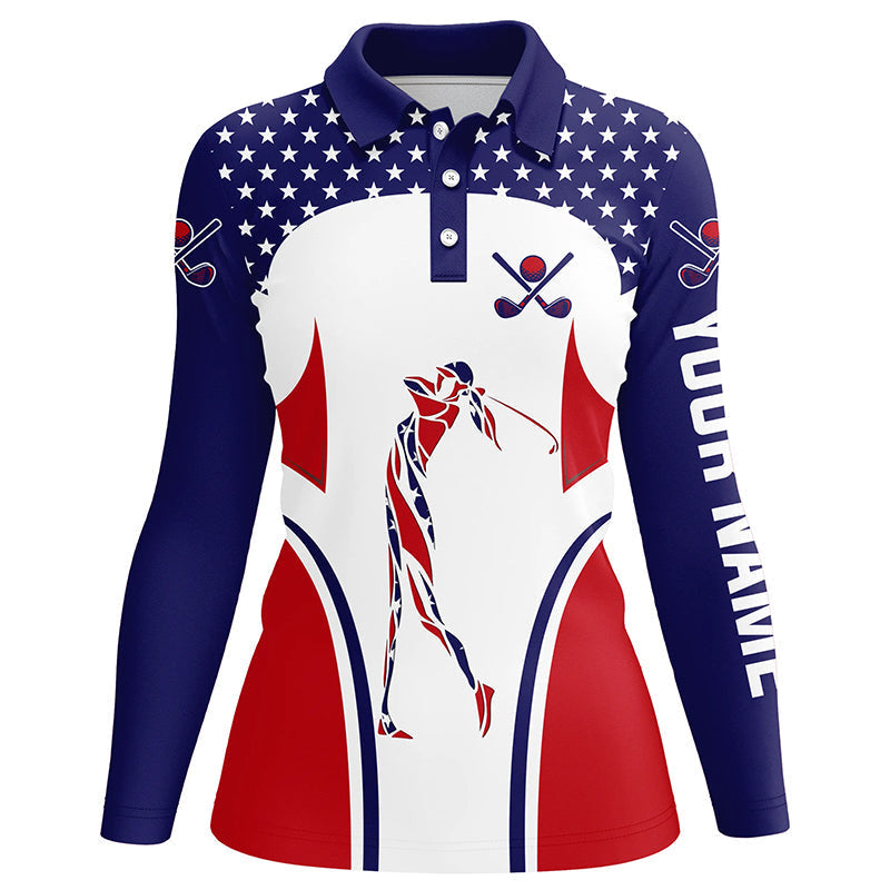 Red, White and Blue American flag Womens golf polo shirts custom patriotic womens golf tops NQS7801