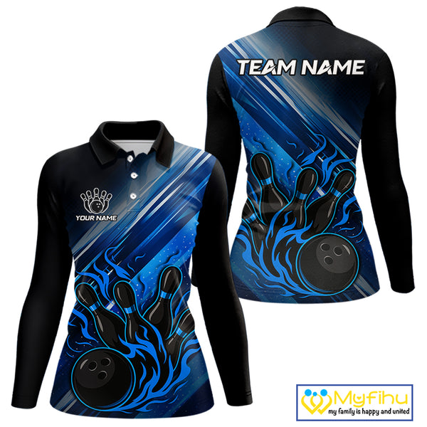 Black and Blue Flame Bowling Polo, Quarter Zip Shirt For Women Custom Team Ladies Bowling Jerseys NQS10099