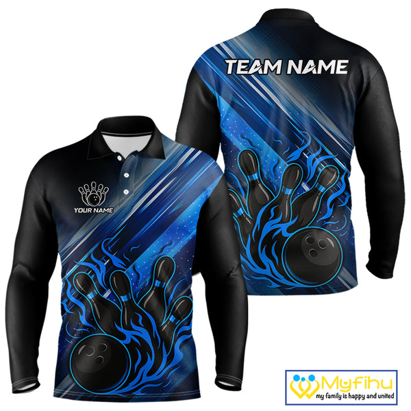 Black and Blue Flame Bowling Polo, Quarter Zip Shirt For Men Custom Team Mens Bowling Jerseys NQS10099