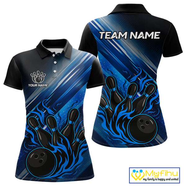Black and Blue Flame Bowling Polo, Quarter Zip Shirt For Women Custom Team Ladies Bowling Jerseys NQS10099