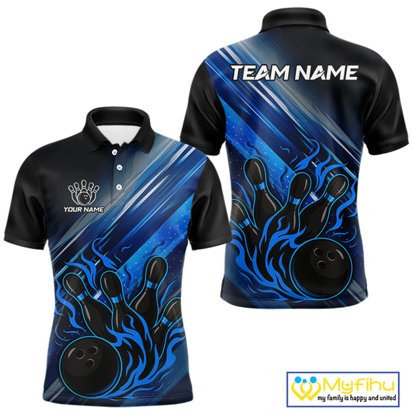 Black and Blue Flame Bowling Polo, Quarter Zip Shirt For Men Custom Team Mens Bowling Jerseys NQS10099