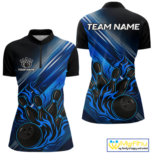 Black and Blue Flame Bowling Polo, Quarter Zip Shirt For Women Custom Team Ladies Bowling Jerseys NQS10099