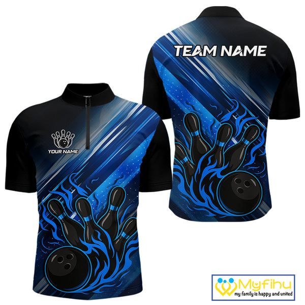 Black and Blue Flame Bowling Polo, Quarter Zip Shirt For Men Custom Team Mens Bowling Jerseys NQS10099