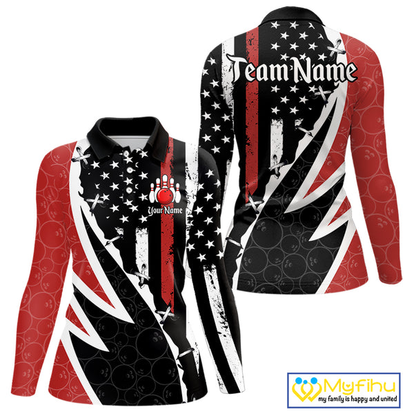 Red, White and Black American Flag Bowling Shirts for Women Custom Patriotic Team Bowling Jersey NQS10429