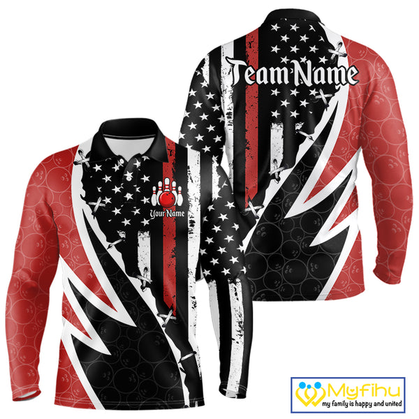 Red, White and Black American Flag Bowling Shirts for Men Custom Patriotic Team Bowling Jersey NQS10429