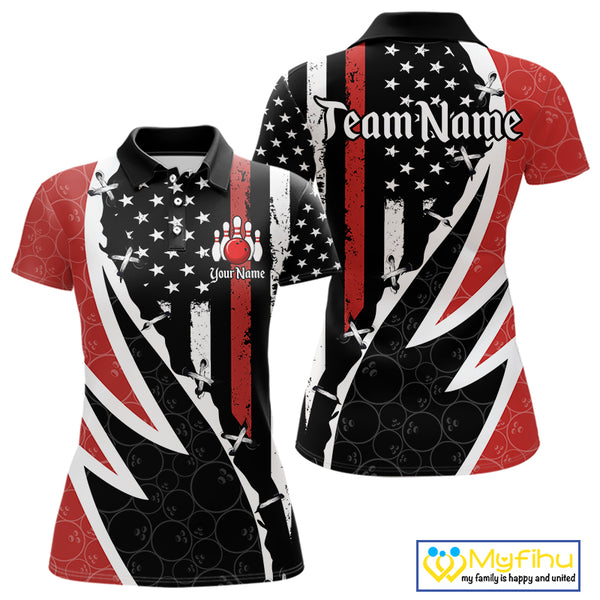 Red, White and Black American Flag Bowling Shirts for Women Custom Patriotic Team Bowling Jersey NQS10429