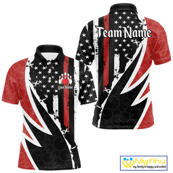 Red, White and Black American Flag Bowling Shirts for Men Custom Patriotic Team Bowling Jersey NQS10429