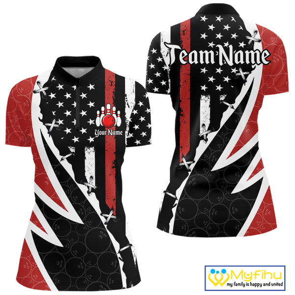 Red, White and Black American Flag Bowling Shirts for Women Custom Patriotic Team Bowling Jersey NQS10429