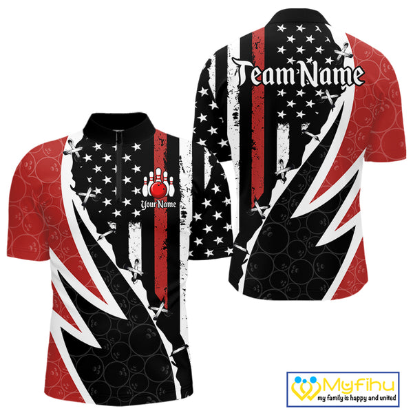 Red, White and Black American Flag Bowling Shirts for Men Custom Patriotic Team Bowling Jersey NQS10429