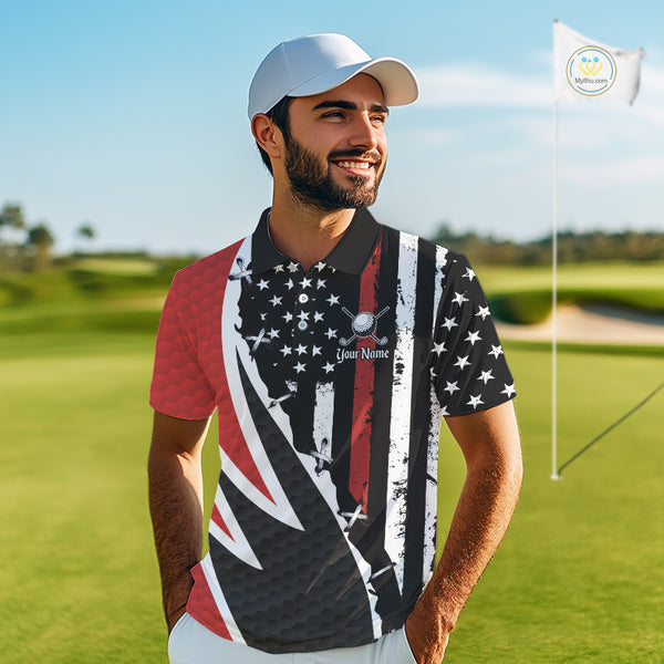 Red, White and Black American Flag Mens Golf polo shirts Custom Patriotic Team Golf attire for men NQS10430