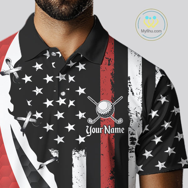 Red, White and Black American Flag Mens Golf polo shirts Custom Patriotic Team Golf attire for men NQS10430