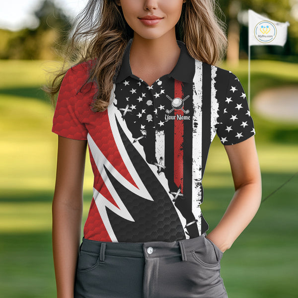 Red, White and Black American Flag Women Golf polo shirt Custom Patriotic Team Golf attire for ladies NQS10430