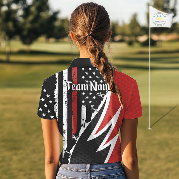 Red, White and Black American Flag Women Golf polo shirt Custom Patriotic Team Golf attire for ladies NQS10430