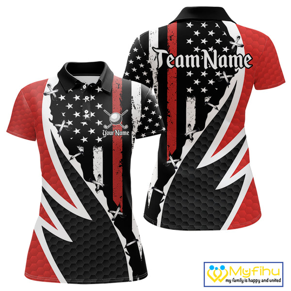 Red, White and Black American Flag Women Golf polo shirt Custom Patriotic Team Golf attire for ladies NQS10430