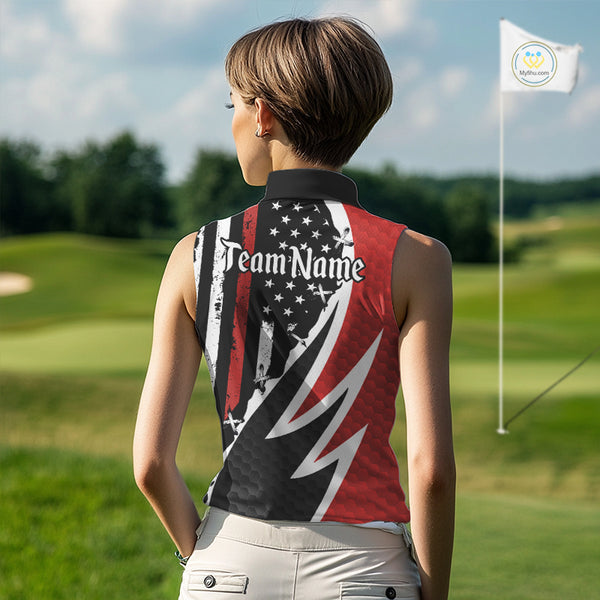 Red, White and Black American Flag Sleeveless polo shirt Custom Patriotic Team Golf attire for ladies NQS10430