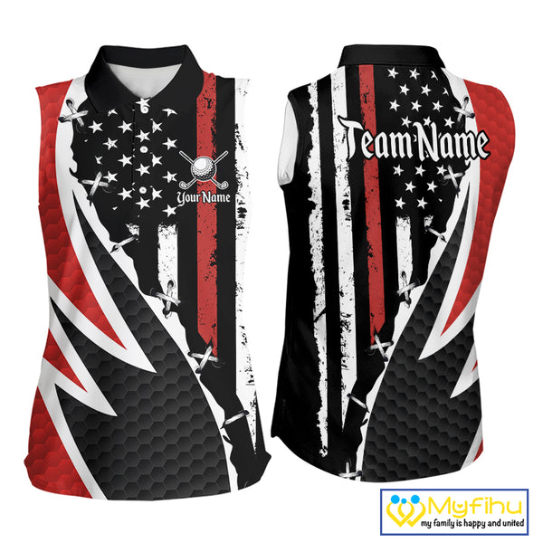Red, White and Black American Flag Sleeveless polo shirt Custom Patriotic Team Golf attire for ladies NQS10430