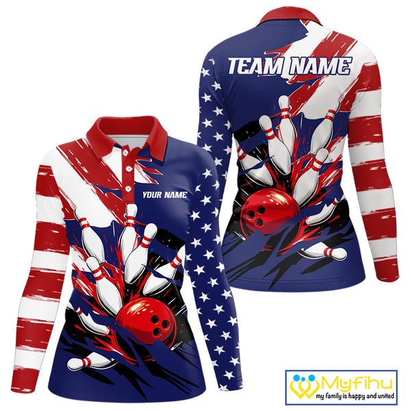 Red, White and Blue American flag Bowling Shirts for Women Custom Patriotic Bowling Team Outfit NQS10431
