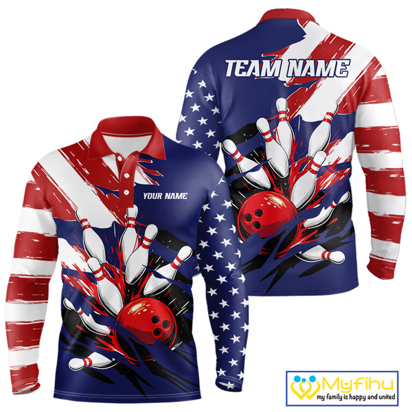 Red, White and Blue American flag Bowling Shirts for Men Custom Patriotic Bowling Team Outfit Uniform NQS10431