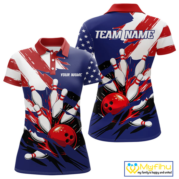 Red, White and Blue American flag Bowling Shirts for Women Custom Patriotic Bowling Team Outfit NQS10431