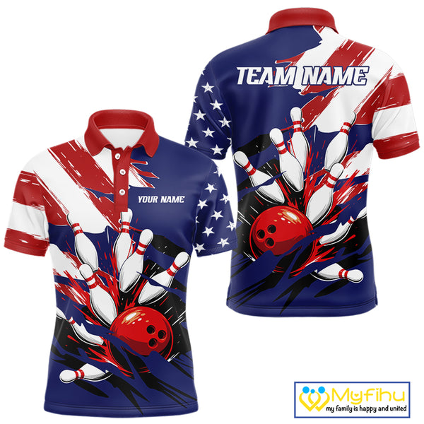 Red, White and Blue American flag Bowling Shirts for Men Custom Patriotic Bowling Team Outfit Uniform NQS10431