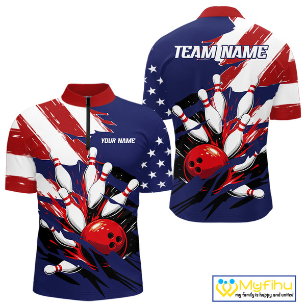 Red, White and Blue American flag Bowling Shirts for Men Custom Patriotic Bowling Team Outfit Uniform NQS10431